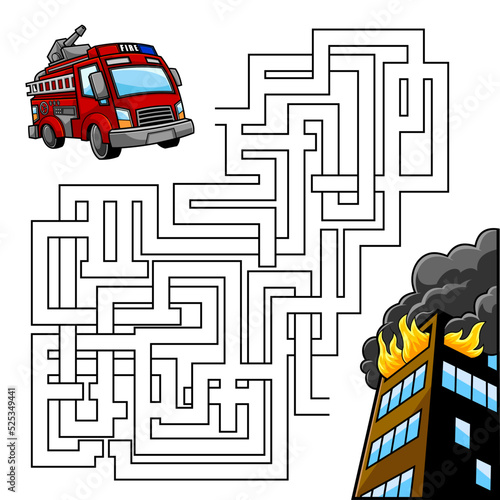 Cartoon Maze Game Education For Kids Help The Fire Truck Get To The Burning Building. Vector Hand Drawn Illustration Isolated On White Background
