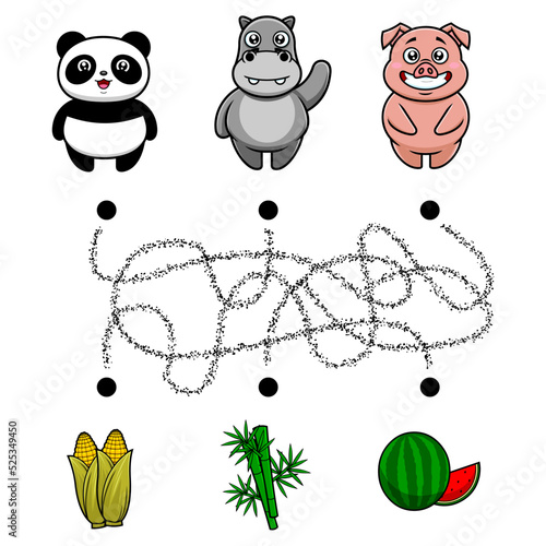 Cartoon Maze Game Education For Kids Help The Panda, Hippo And Pig Get To Their Food. Vector Hand Drawn Illustration Isolated On White Background