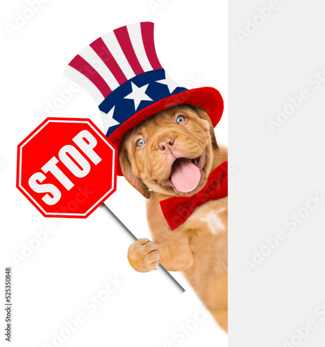 Happy Mastiff puppy wearing like Uncle Sam holds stop sign. isolated on white background © Ermolaev Alexandr