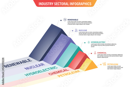 Industry Sectoral Infographics. 5 different sectors progress comparison. 3D Triangle Vector Illustration.