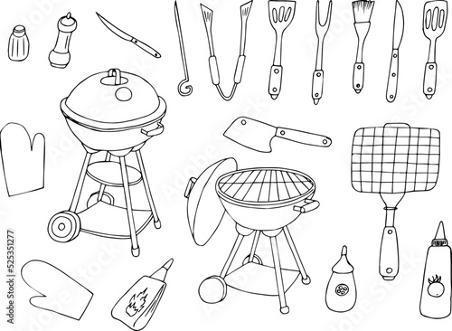 Hand drawn doodle BBQ icons set. Vector illustration summer barbecue symbols collection Cartoon various meals, drinks, food ingredients and decoration elements Sketch