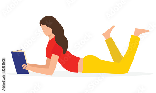 Girl lies with open book in her hands.Literature fan. Concept illustration of earning, distance studying and self education. Young woman study in library.Vector illustration 