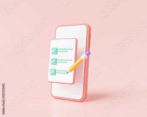 Check mark with mobile on pink background. сhecklist app, Tick on smartphone screen, Completed task, Online test, done payment. Business concept. 3d icon render illustration. cartoon minimal style photo