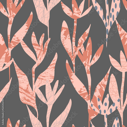 background textural silhouettes of flowers with stems and leaves seamless pattern digital drawing