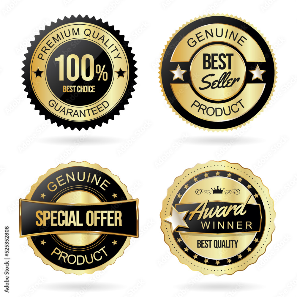 Collection of black and gold quality badges and labels 