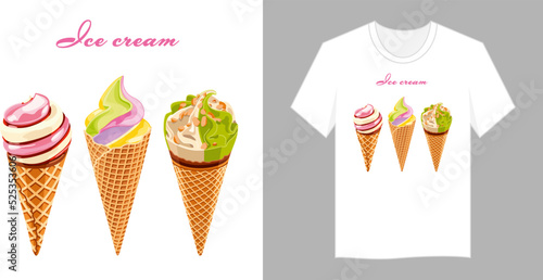 Ice cream of various tastes vector image. Decor for T-shirt clothes, a picture for  background. Realistic set of isolated images of ice cream with various fillings vector illustration.