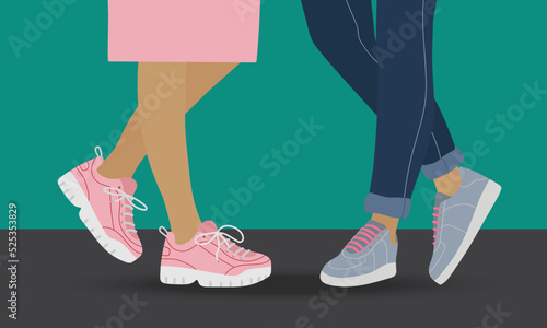 Girl and guy legs wearing Casual comfortable shoes and clothing. Meeting guy and girl. Feet with sports shoes. Romantic relationships, couple. Modern fashion sneakers shoes. Flat Vector illustration