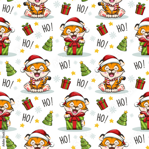 Seamless Pattern Happy Cute Tiger With Santa Claus Cap, Gift Box, And Christmas Tree