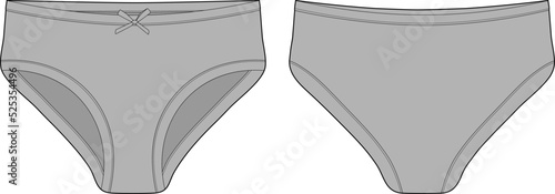 Technical sketch of briefs for girls. Female underpants. Grey color. Women casual panties.