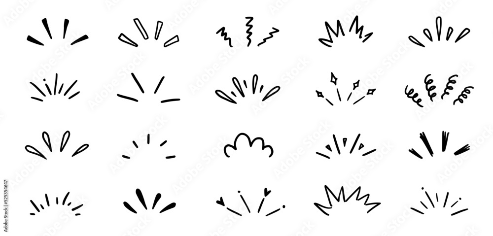 Doodle shine sunburst sparkle ray elements. Hand drawn pop surprise line frame for title headline illustration. Doodle vector illustration.