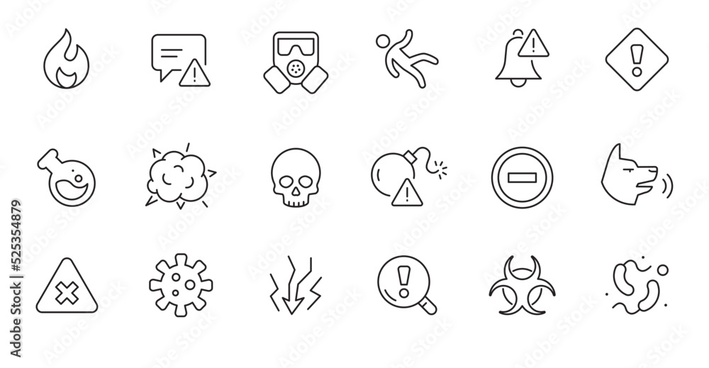 Danger biohazard line icon set. Fire danger, angry dog, chemical radiation sign. Virus, bomb, gas mask alert symbol. Thin line editable stroke sign. Vector illustration. Danger biohazard line icon set. Fire danger, angry dog, chemical radiation sign. Virus, bomb, gas mask alert symbol. Thin line editable stroke sign. Vector illustration.