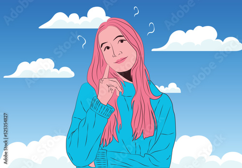 Cute young woman standing in doubt. Concept smiling female character. Question mark around. Flat Vector Illustration