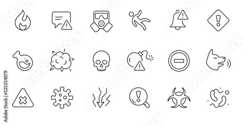 Danger biohazard line icon set. Fire danger, angry dog, chemical radiation sign. Virus, bomb, gas mask alert symbol. Thin line editable stroke sign. Vector illustration.