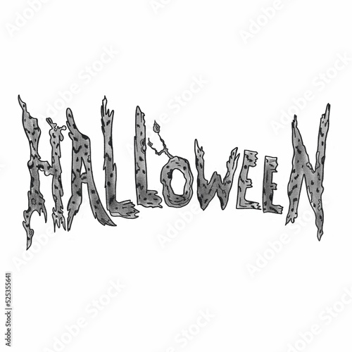 Halloween inscription. Pencil sketch. Mystical print. Black and white monochrome illustration on a white background.