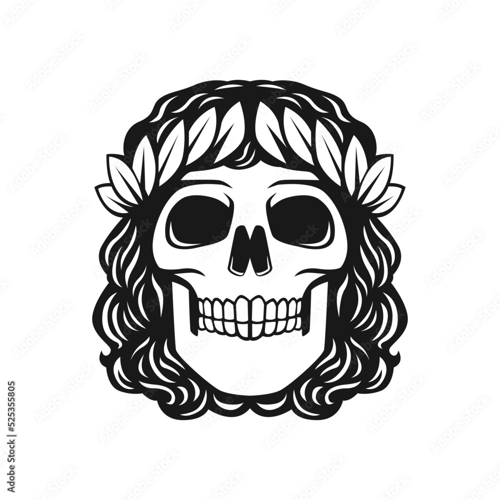 long-haired skull with leaves around the head long-haired skull with leaves around the head