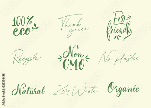 Zero Waste Set of handwritten lettering ecological lifestyle and sustainable development. Modern calligraphy inscription. Motivational quote for choosing eco friendly lifestyle. Vector illustration