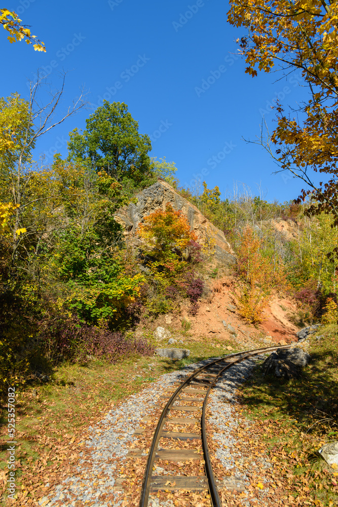 tracks through valley among autumny colored trees tracks through valley among autumny colored trees