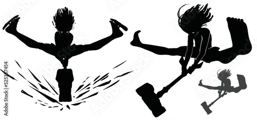 A black silhouette with a warrior girl, she is a teenage anime character delivering a crushing blow with her hammer in an epic acrobatic pose. 2d dynamic vector art.
