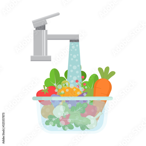 Wash fresh vegetables for cooking. Clean vegetables under water in bowl with tap. Healthy food. Vector illustration.