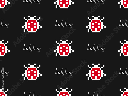 Ladybug cartoon character seamless pattern on black background. Pixel style