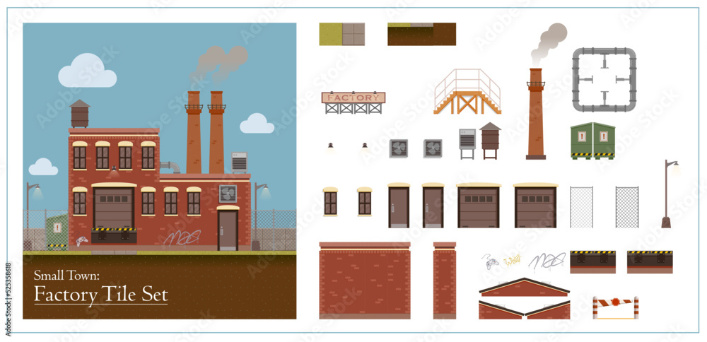 Tile set for designing a small town factory exterior background Tile set for designing a small town factory exterior background