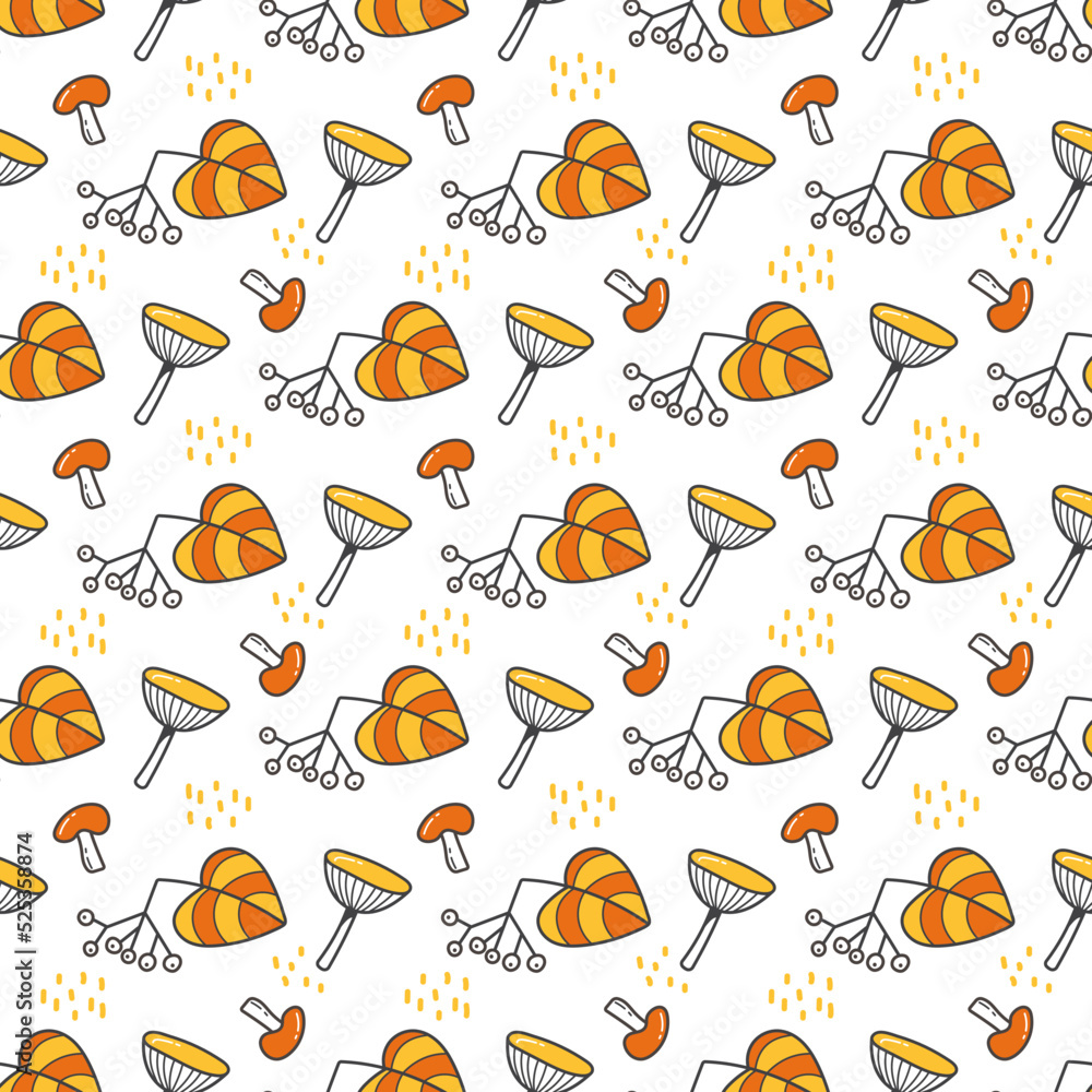 Seamless autumn pattern with the image of a mushrooms and a berries on a white background. Abstract geometric texture. Cute style for the design of gift packages and textiles.