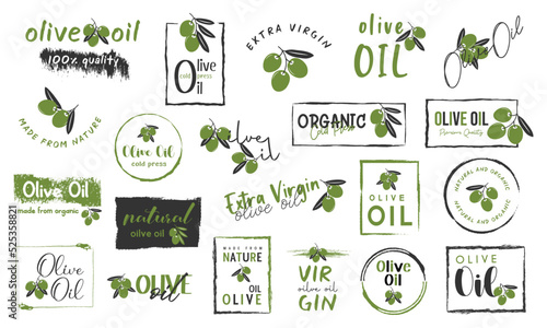 organic and natural products for olive oil sign, labels, stickers, badges and logo.