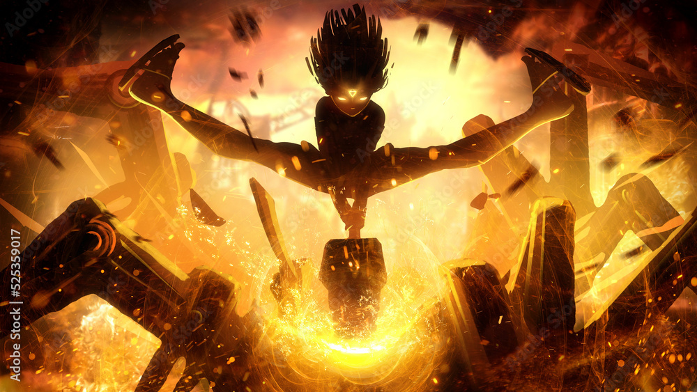 Fototapeta premium inhumanly strong girl strikes a crushing blow with a hammer on mechanical spider, breaking it into pieces with blow, she is a homunculus with a symbol on her head in an epic action pose. 2d anime art