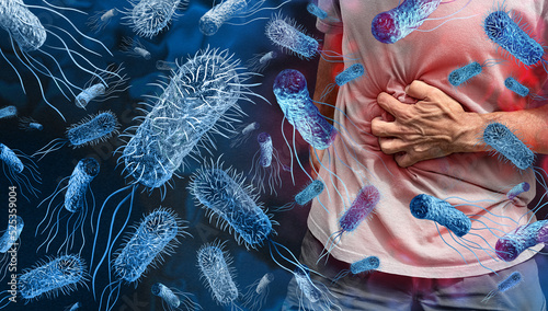 Salmonella poisoning Bacteria outbreak concept and bacterial infection as a microscopic background with dangerous foodborne disease as a person suffering with stomach pain photo