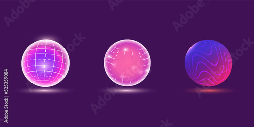 A set of 3d spheres in a frame, lines with glow, sequins, vector icons.