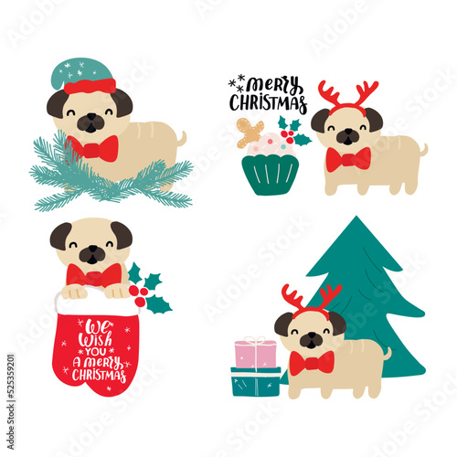 Christmas puppy dog pug. Merry Christmas for dog lover. Cute cartoon vector illustration. Holidays design element for greeting cards, stickers, t shirt, poster. © Elena