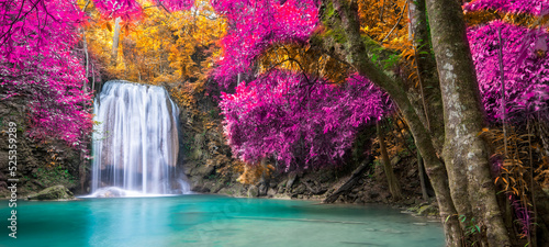 Amazing in nature, beautiful waterfall at colorful autumn forest in fall season	