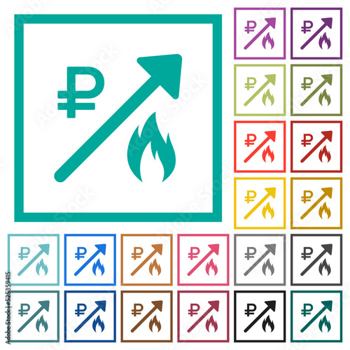 Rising gas energy russian Ruble prices flat color icons with quadrant frames