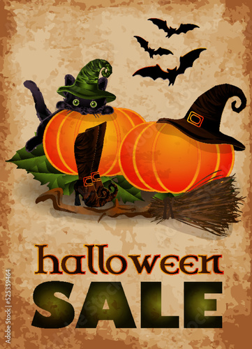 Happy Halloween sale wallpaper with cat and pumpkin, vector illustration © CaroDi