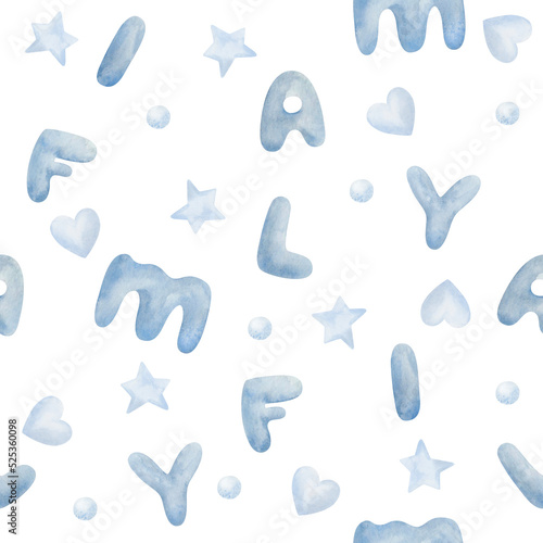 Watercolor seamless pattern from hand painted illustrations of letters, stars, hearts, dots in blue. Word Family. Handwritten characters. Print on white background for fabric textile, cards, postcards