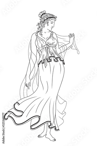 An ancient Greek woman in a tunic with bare feet stands, dances and gesticulates. The figure is isolated on a white background