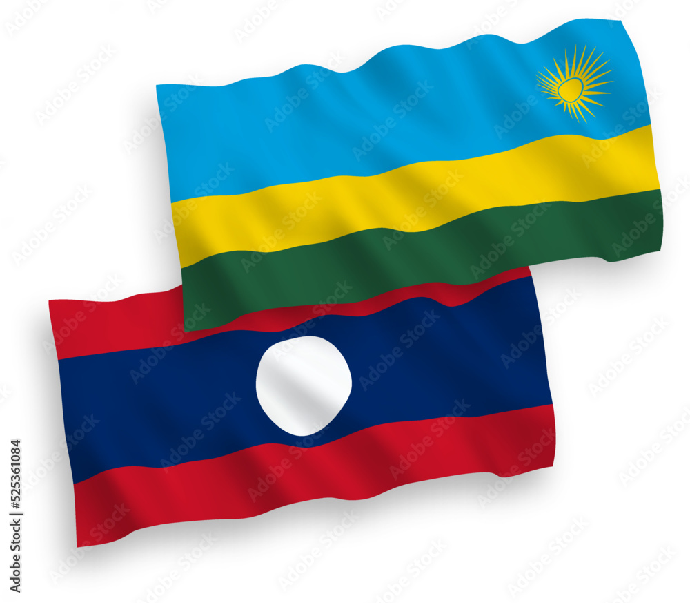 National vector fabric wave flags of Republic of Rwanda and Laos isolated on white background. 1 to 2 proportion. National vector fabric wave flags of Republic of Rwanda and Laos isolated on white background. 1 to 2 proportion.