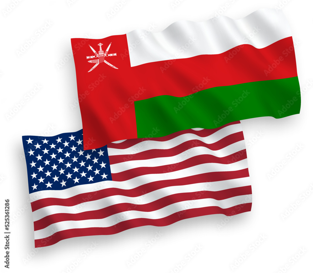 Obraz premium National vector fabric wave flags of Sultanate of Oman and USA isolated on white background. 1 to 2 proportion.