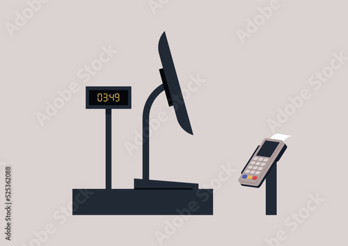 Cash register and card pos terminal set, a supermarket cashier counter
