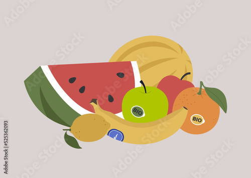 Fruits and berries piled together, watermelon, melon, apples, orange, lemon, healthy lifestyle, vegan and vegetarian diet