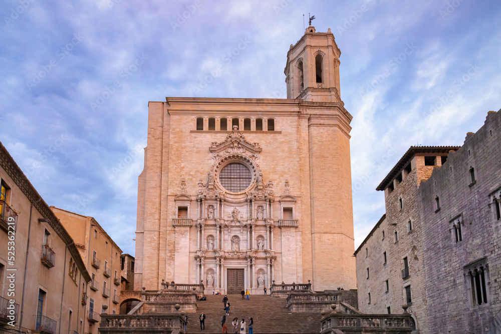 View of the main facade of the Girona Cathedral, with its grand staircase, Catalunya, Spain