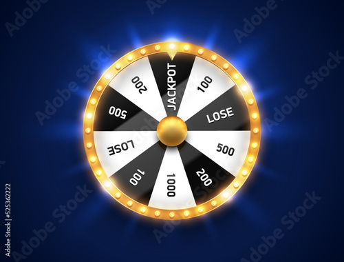 Bright fortune wheel spin mashine. Shiny led bulbs frame, isolated on blue background. Casino banner design element or icon. White black sector