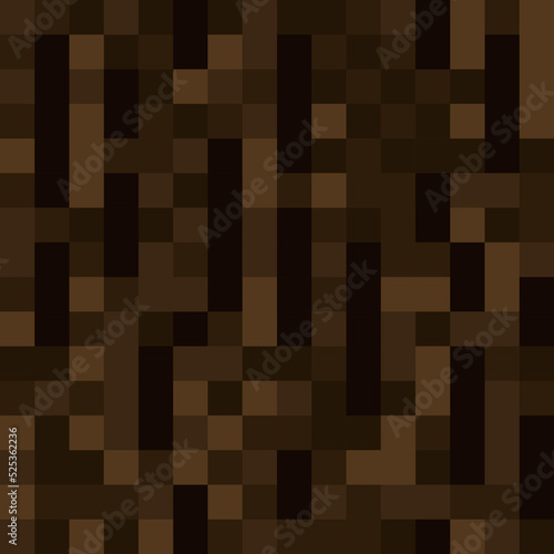 Pixel minecraft style wood block background. Concept of game pixelated seamless square dark brown bark background. Vector illustration