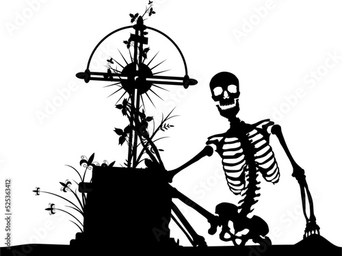 Silhouette of a skeleton at a tombstone. No gradients and other effects. Vector.