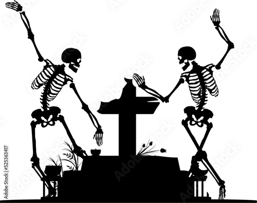 Silhouette of a skeleton at a tombstone. No gradients and other effects. Vector.