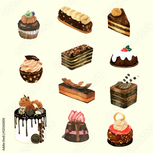 Chocolate dessert set with watercolor vector illustration