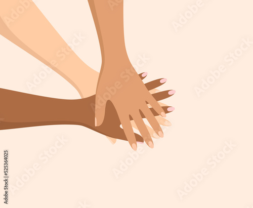 People of different ethnicity putting their hands together in unity gesture. Concept of support, cooperation and teamwork. Flat vector illustration