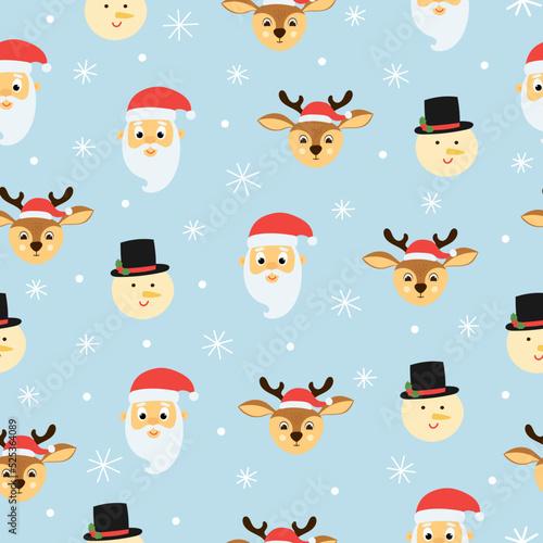 Seamless pattern of cute deer, snowman and santa claus on blue background. Background for Christmas design.  © Yaryna