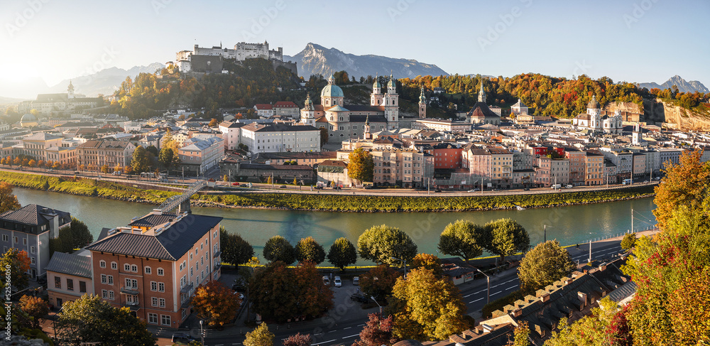 Incredible view on Salzburg cityscape at sunny day. Salzburg is a popular travel and hiking destination in Austria. Central Europe. Mountain autumn landscape. concept of an ideal resting place