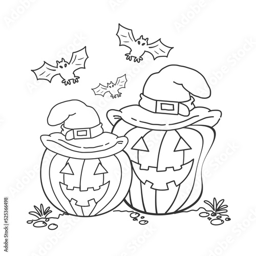 Coloring page. Black and white illustration with scary pumpkin in witch hat and bats on transperent backgound. © Motto
